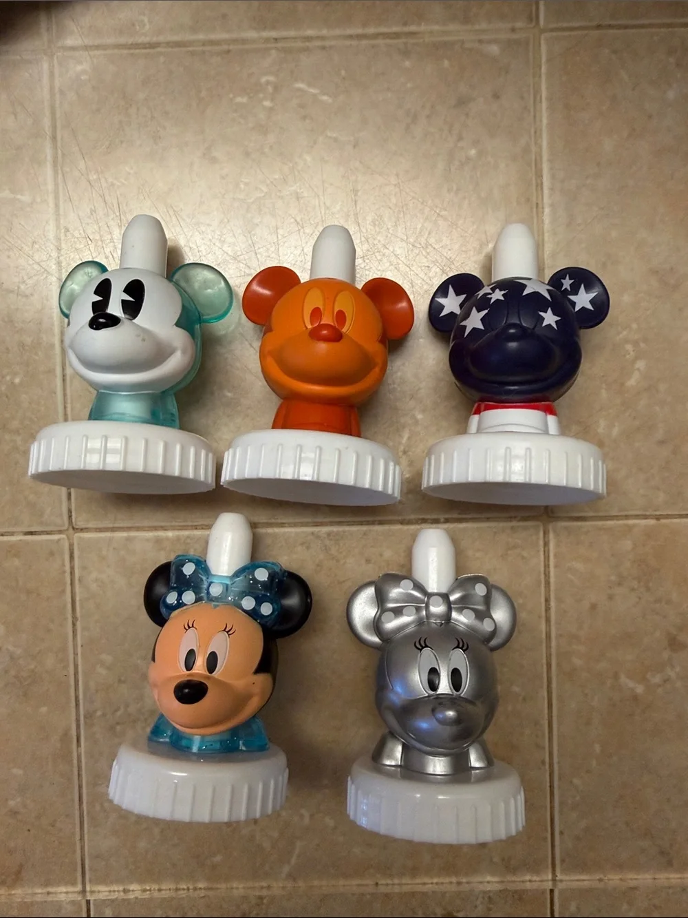 Mickey and Minnie Mouse character drink bottle toppers by good2grow Set of 5